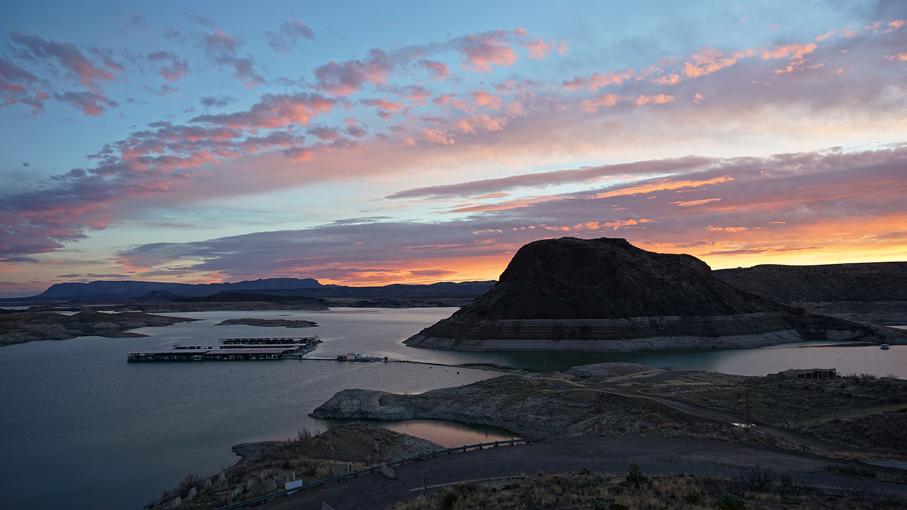 Dam Site Marina and Elephant Butte at sunrise